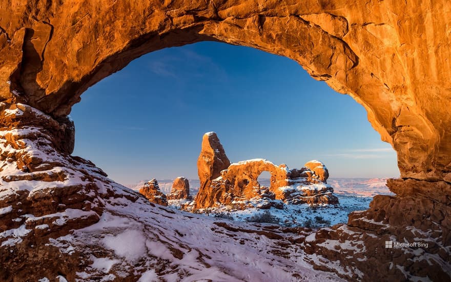 Turret Arch framed by North Window in Arches National Park, Utah, United States