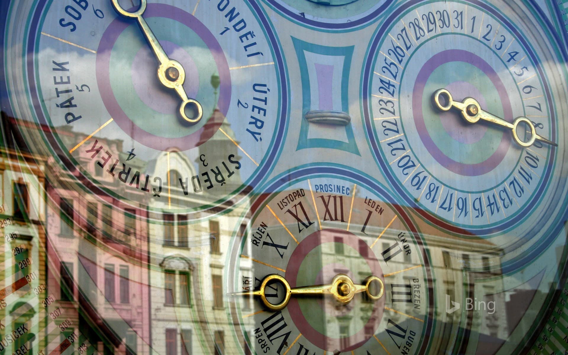 Bing Wallpaper: Buildings reflected in the astronomical clock of Olomouc, Czech Republic