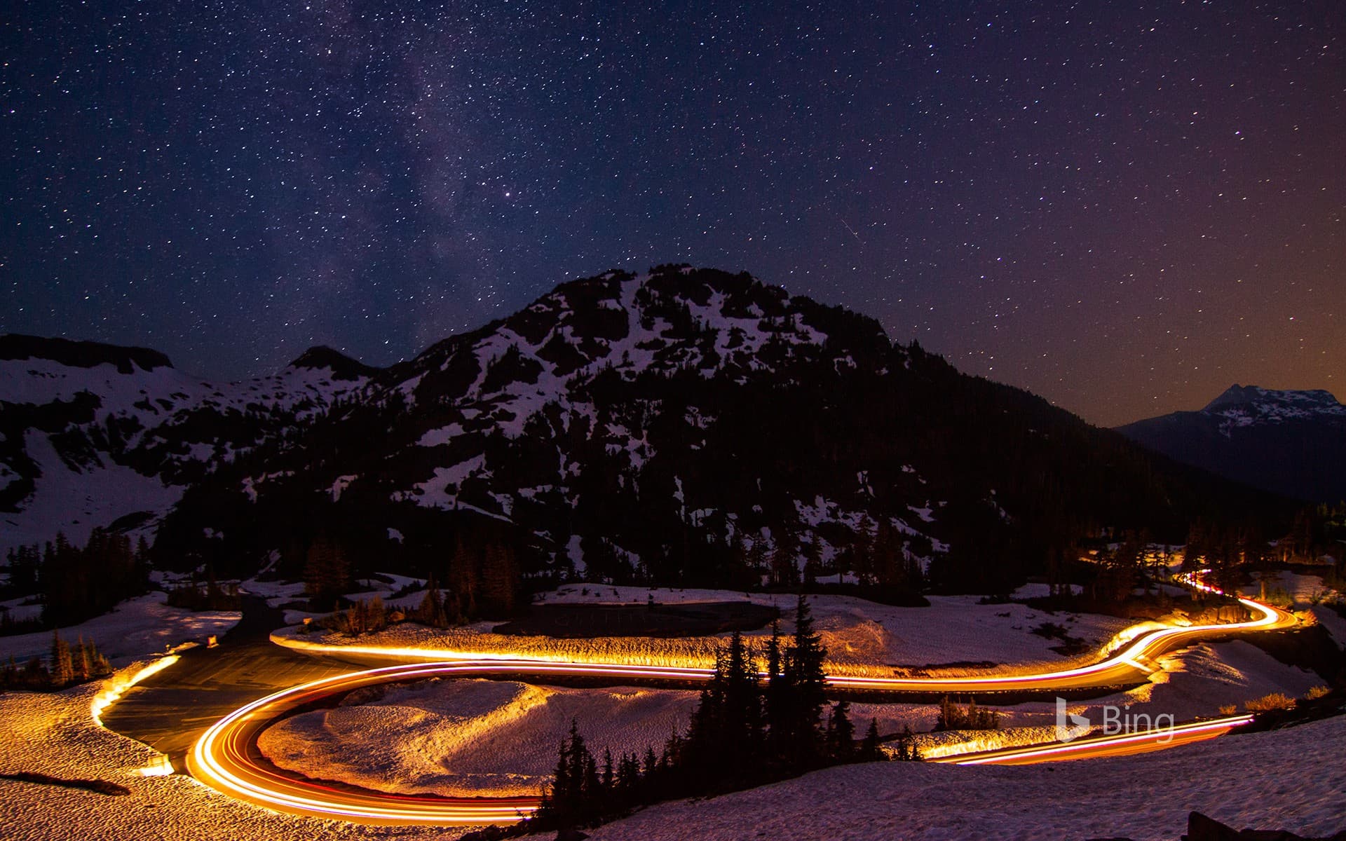 Bing Wallpaper: Long exposure of traffic in Osoyoos, B.C., Canada