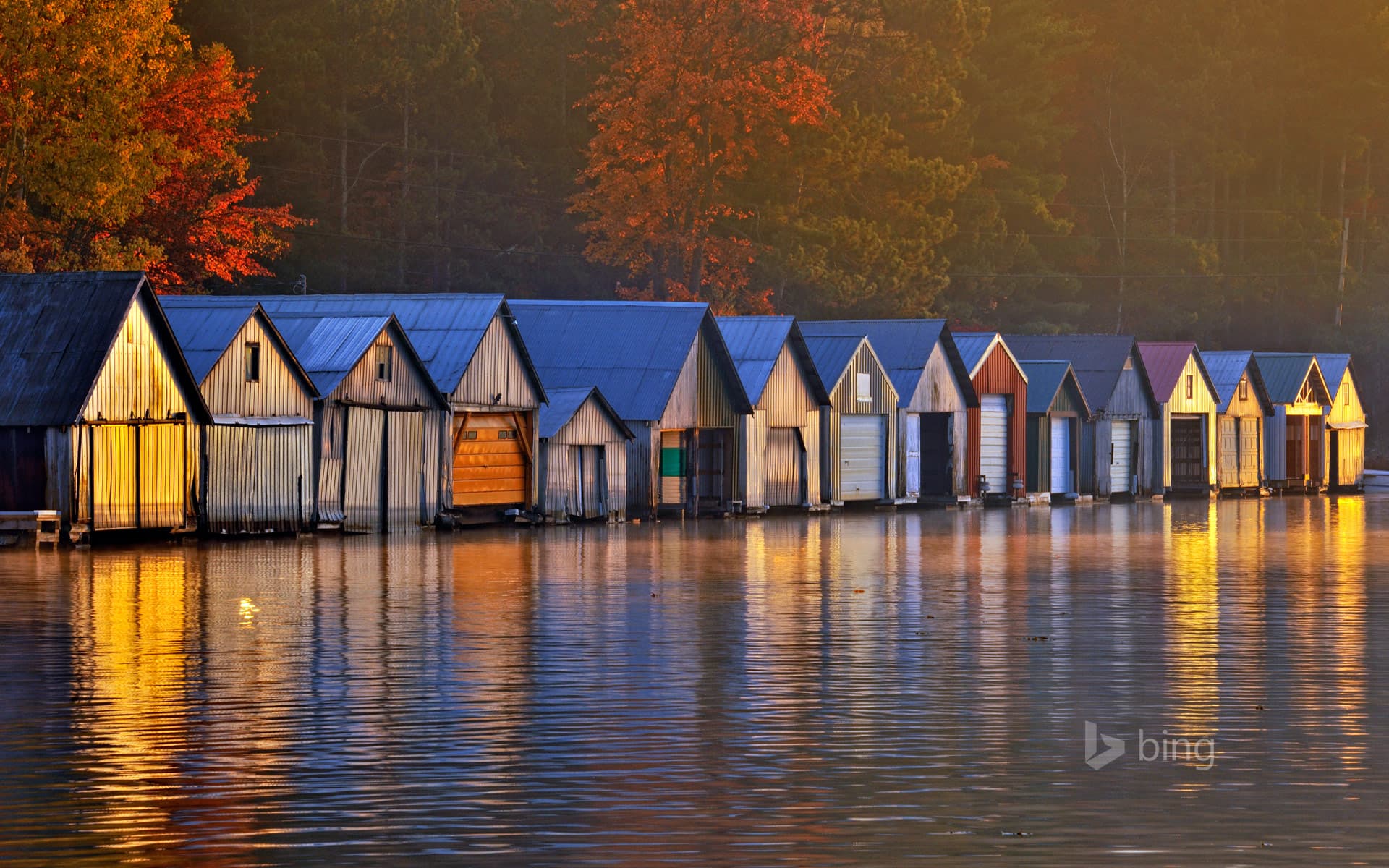 Bing Wallpaper: Boathouses on Lake Panache, Greater Sudbury, Ontario, Canada