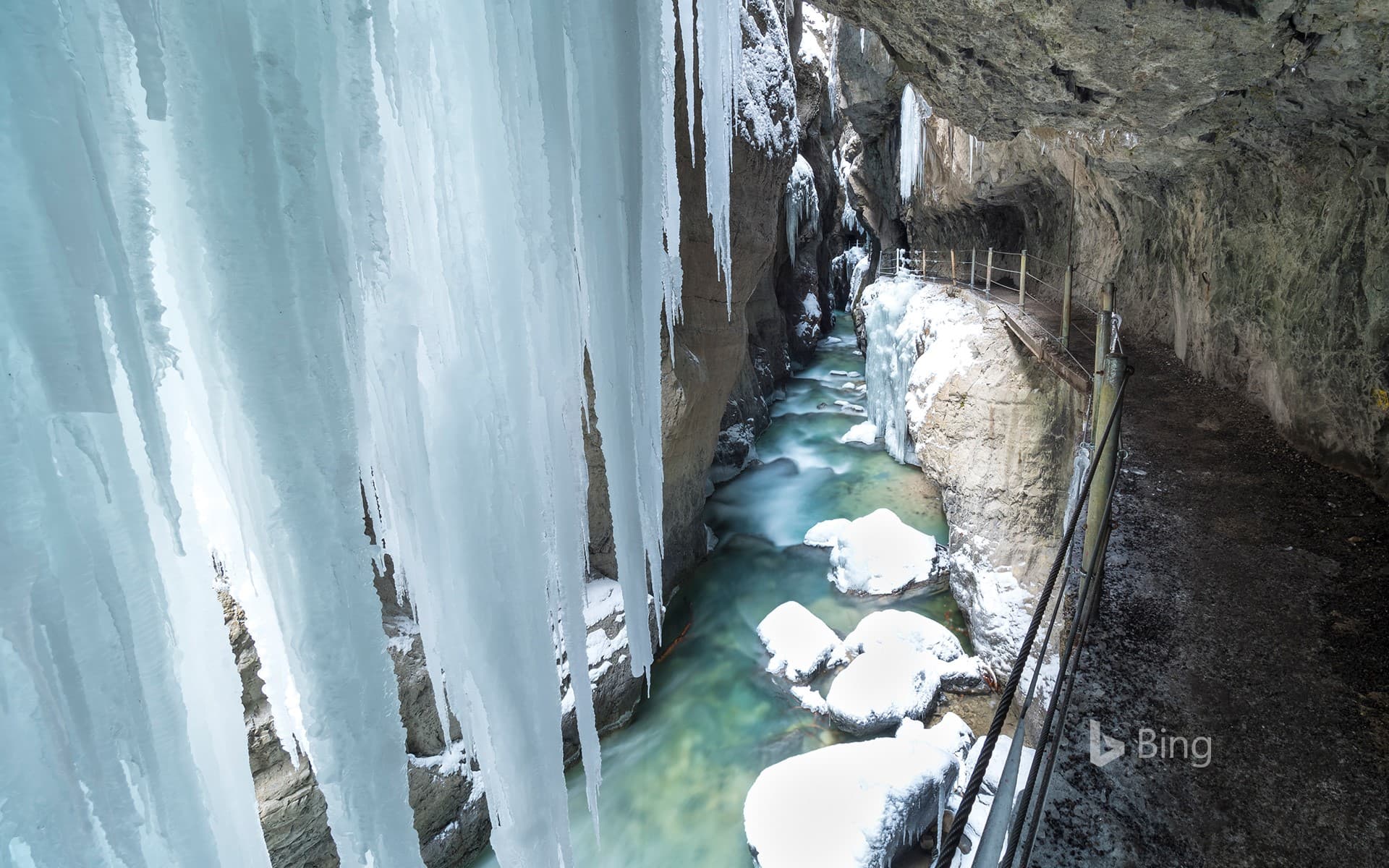 Bing Wallpaper: View of icicles in Partnachklamm Gorge, Garmisch-Partenkirchen, Bavaria, Germany
