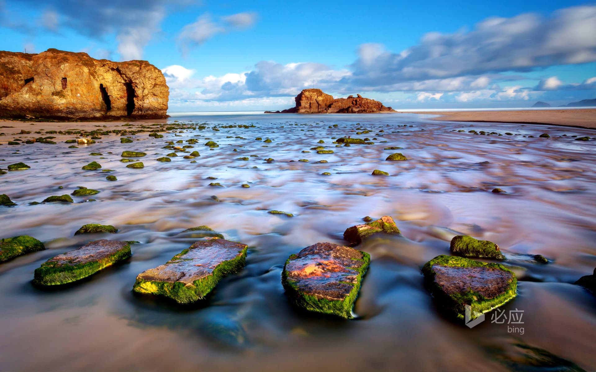 Bing Wallpaper: The stepping stones on Perranporth beach, Cornwall, England