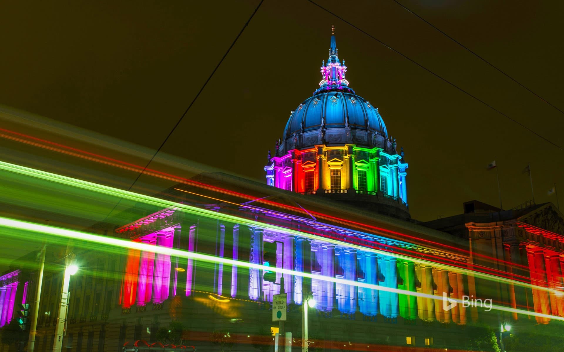Bing Wallpaper: San Francisco City Hall lit with rainbow lights for Pride