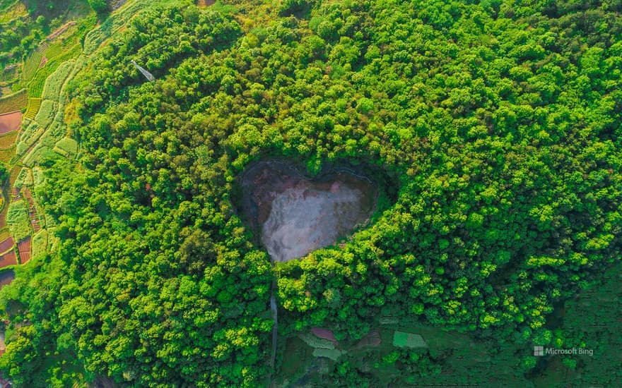 Aerial view of heart-shaped cave in Pudong forest, Shanghai, China