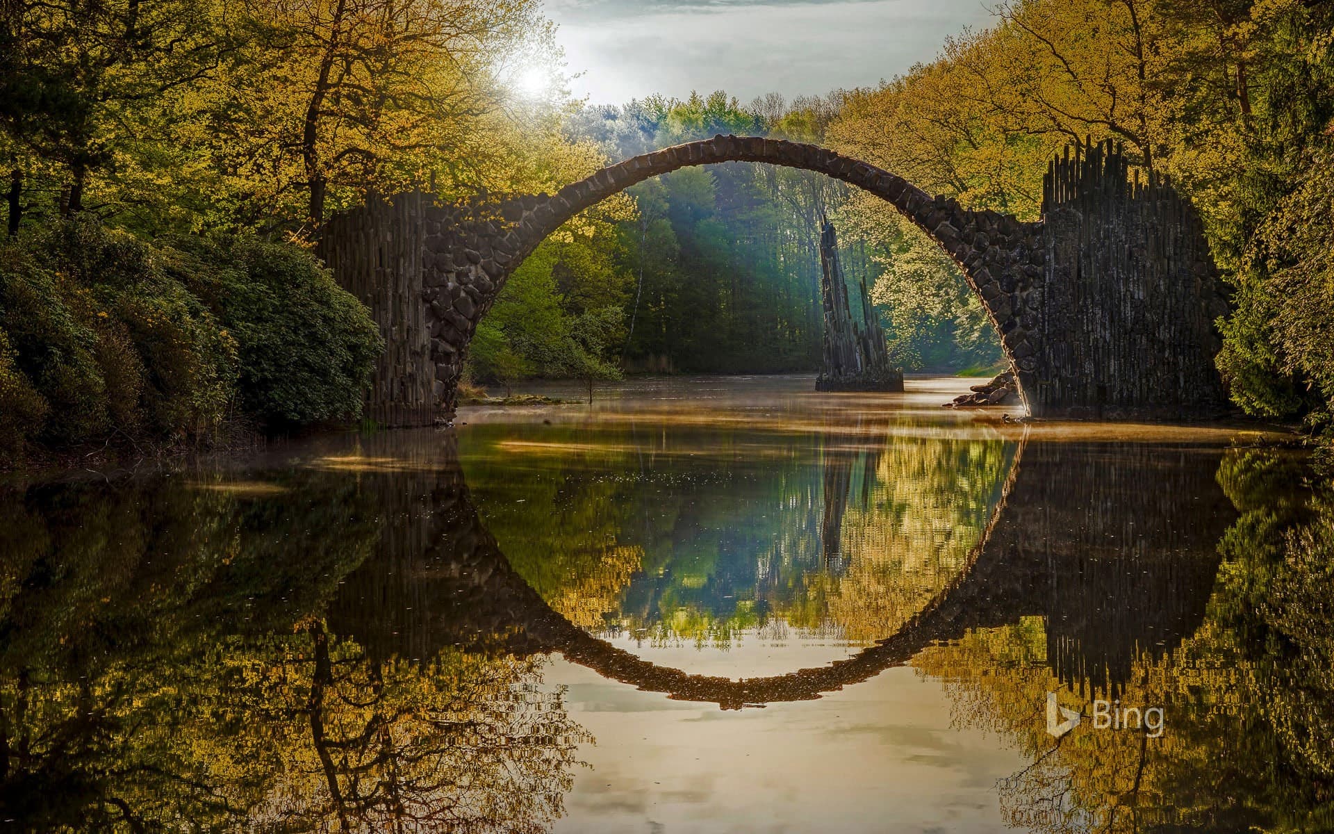 Bing Wallpaper: Rakotzbrücke (aka the Devil's Bridge) in Rhododendron Park, Kromlau, Saxony, Germany