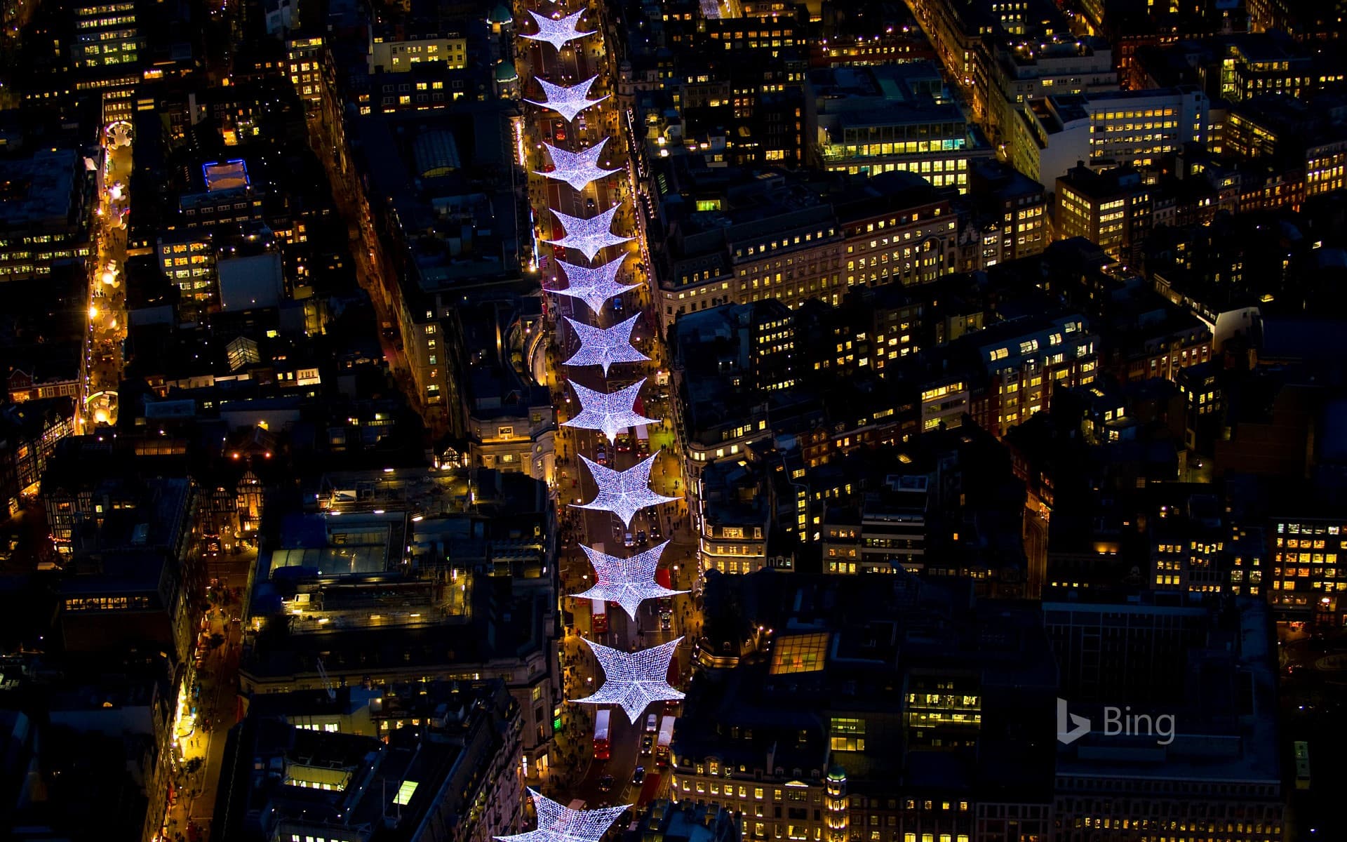 Bing Wallpaper: Aerial view of Christmas lights along Regent Street in London