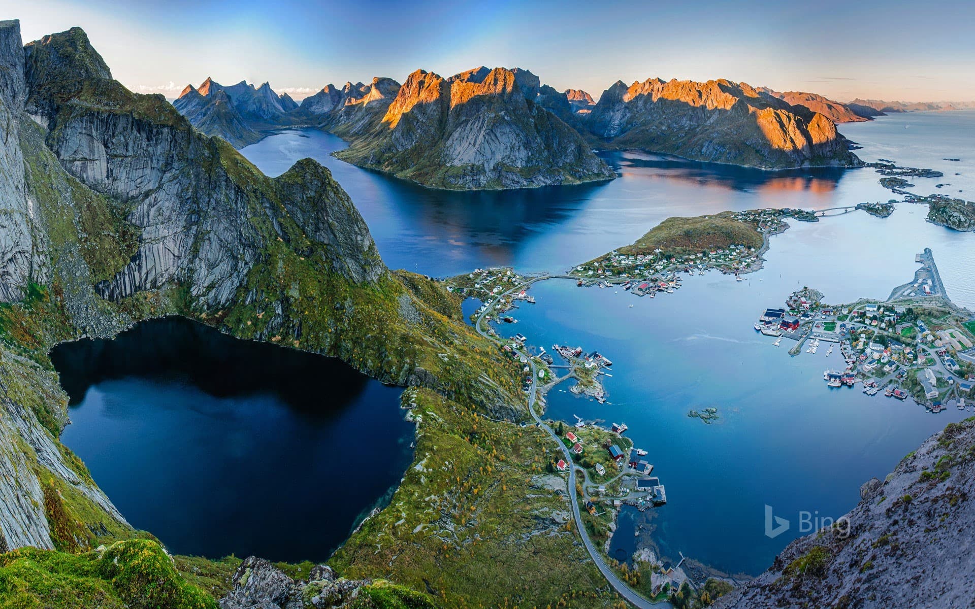Bing Wallpaper: The view from Reinebringen ridge at the village of Reine on Moskenesøya, Norway