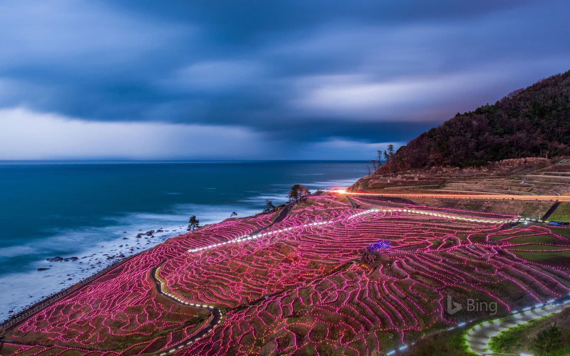 Bing Wallpaper: Rice terraces strung with lights, Wajima, Japan