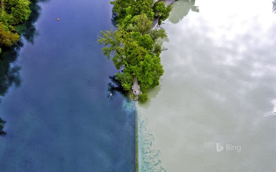 The Arve River (right) flowing into the Rhône in Geneva, Switzerland