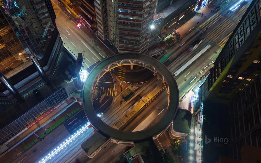 A pedestrian skyway in Hong Kong’s Wan Chai District, China
