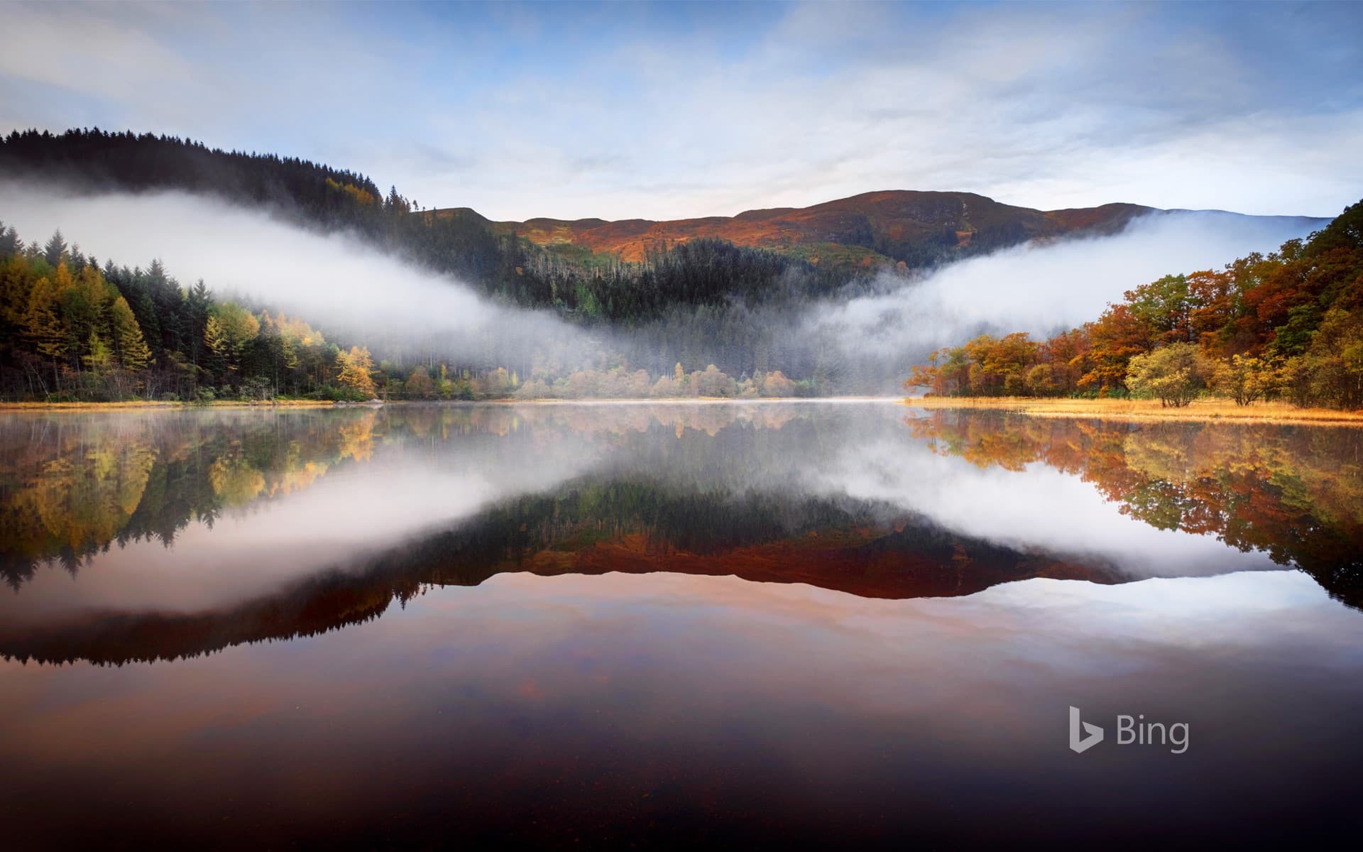 Bing Wallpaper: Low-lying cloud over Loch Chon, the Trossachs, Scotland