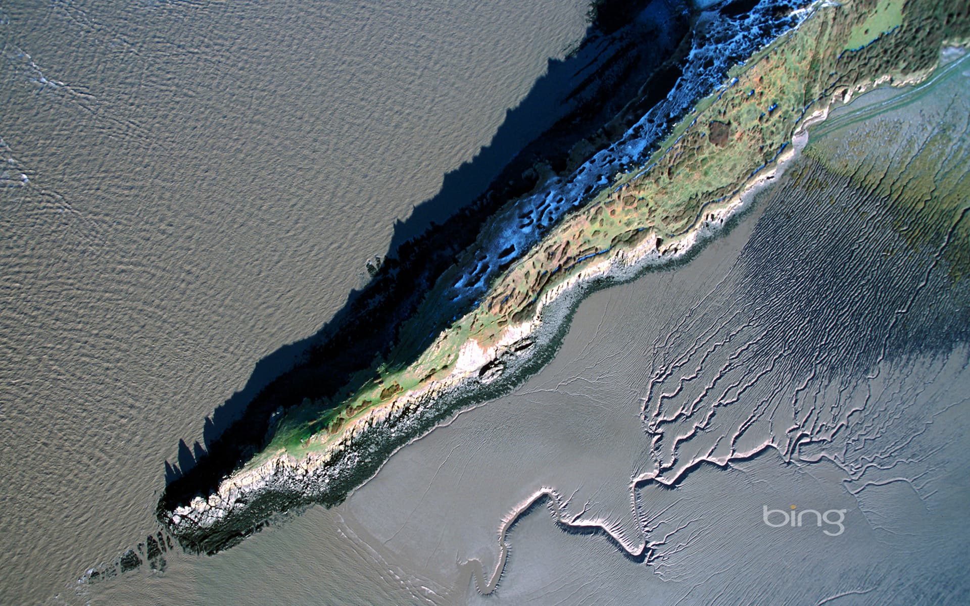 Bing Wallpaper: Aerial view of the coastline at Sand Point, Somerset, England