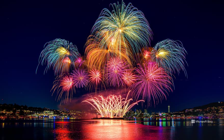 Fourth of July fireworks over Lake Union in Seattle