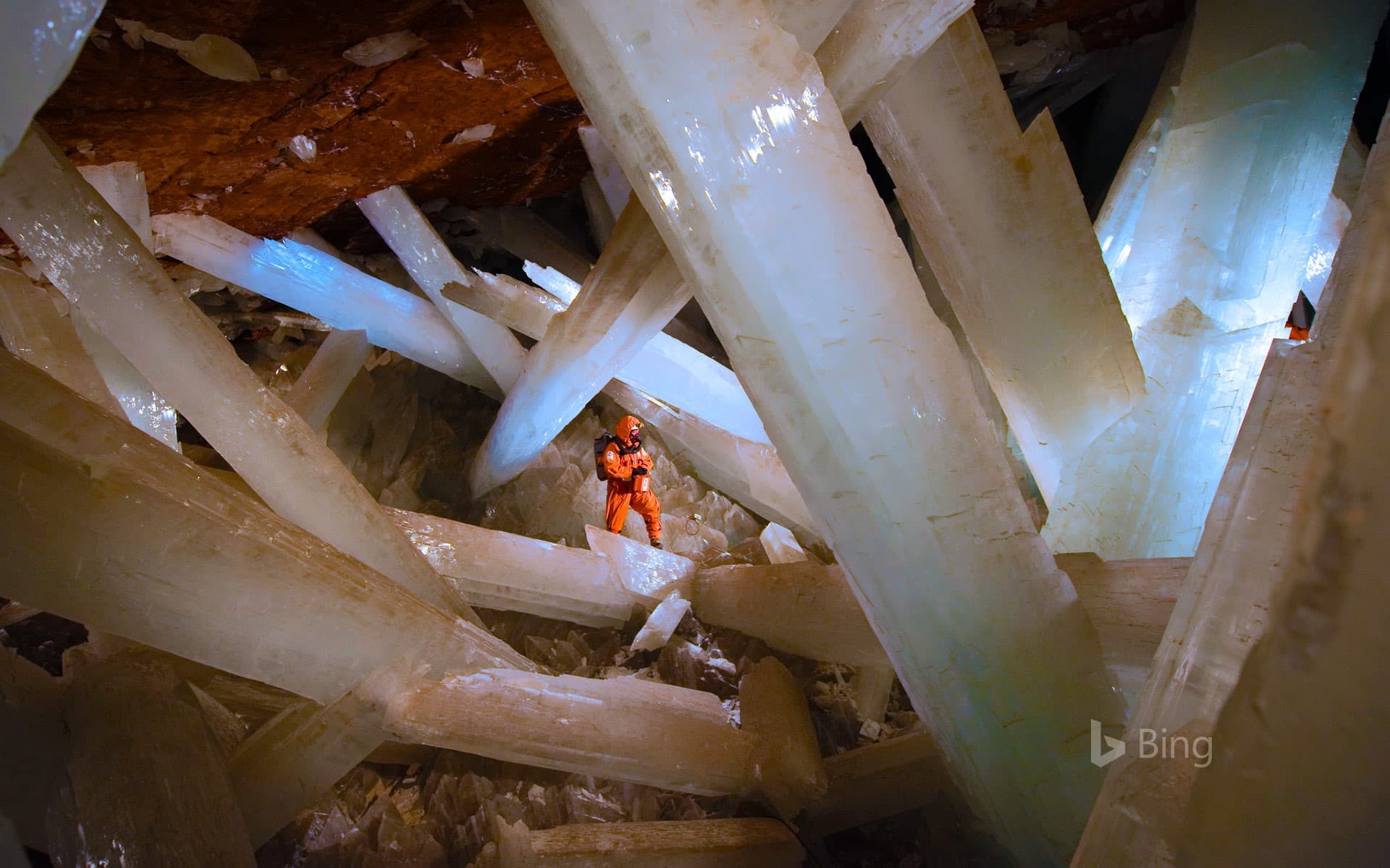 Bing Wallpaper: Massive selenite crystals in the Cave of the Crystals in Naica, Mexico