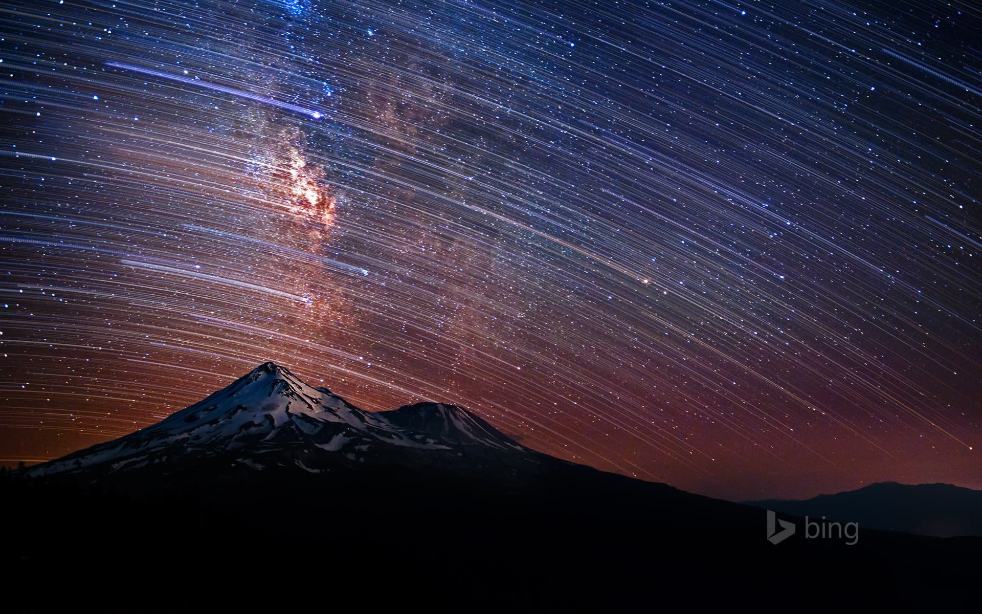 Bing Wallpaper: Star trails over Mount Shasta in California