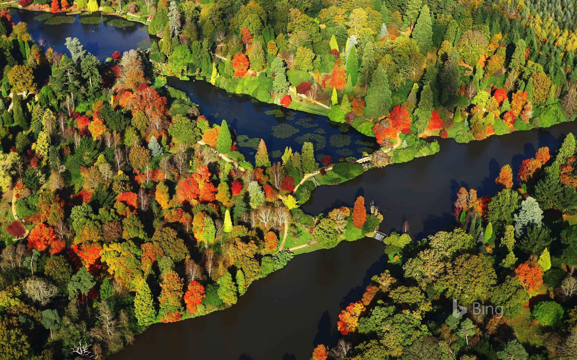 Bing Wallpaper: Aerial view of Sheffield Park and Garden in East Sussex, England