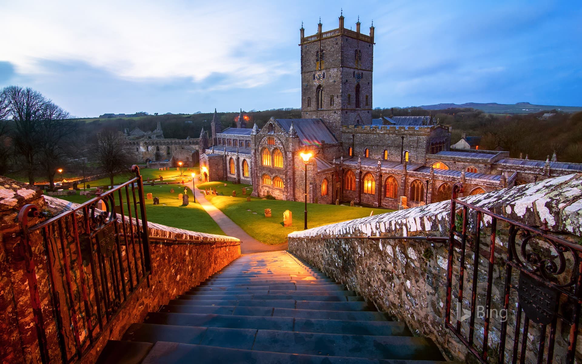 Bing Wallpaper: Steps down to St David's Cathedral in St Davids, Pembrokeshire, Wales