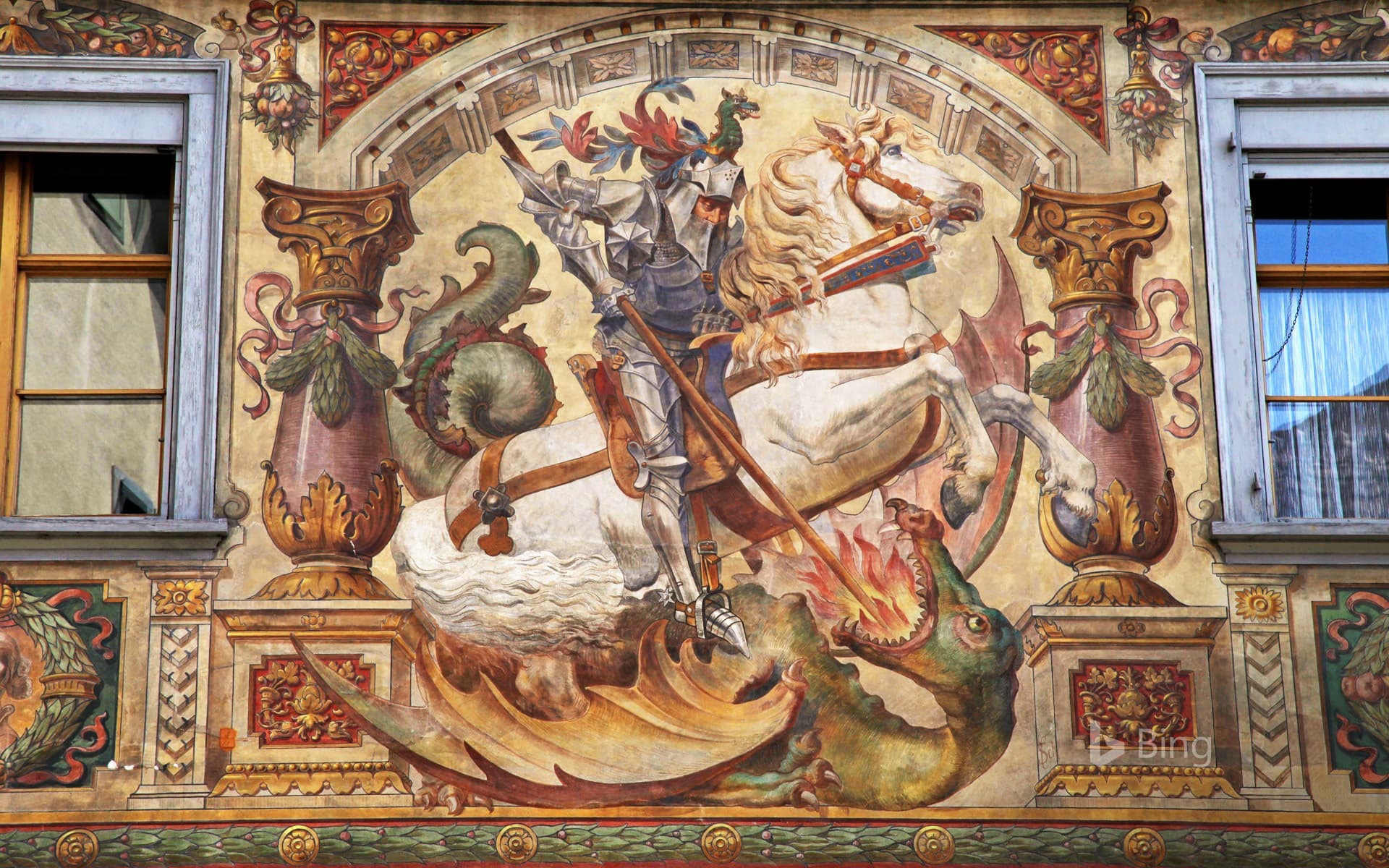 Bing Wallpaper: St George and the Dragon fresco on a medieval building in Stein am Rhein, Switzerland