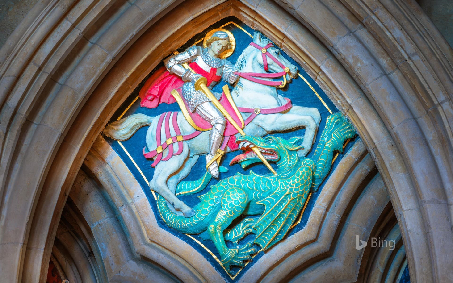 Bing Wallpaper: Painted relief of St George and the Dragon at Lincoln Cathedral