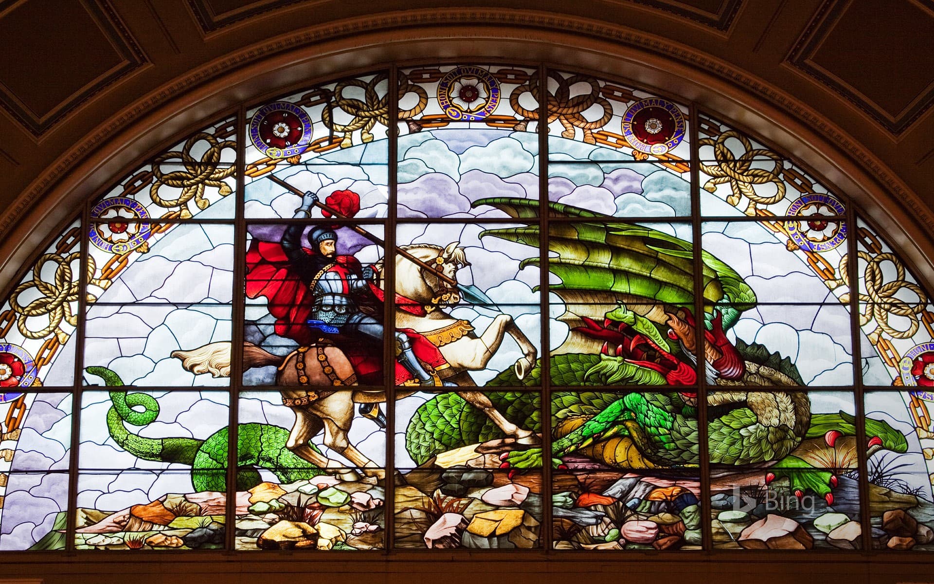 Bing Wallpaper: Stained glass windows showing St George and the Dragon at St George's Hall, Liverpool