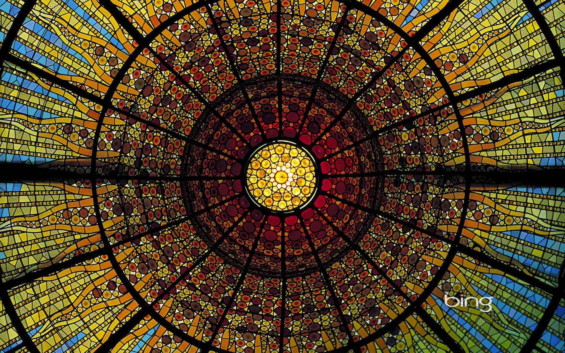 Bing Wallpaper: Stained-glass ceiling of the Palau de la Musica Catalana, Barcelona, Spain