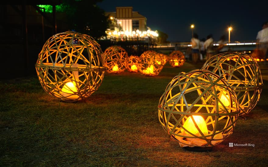 Wind chime lights lit up on the banks of the Kamo River, Kyoto City