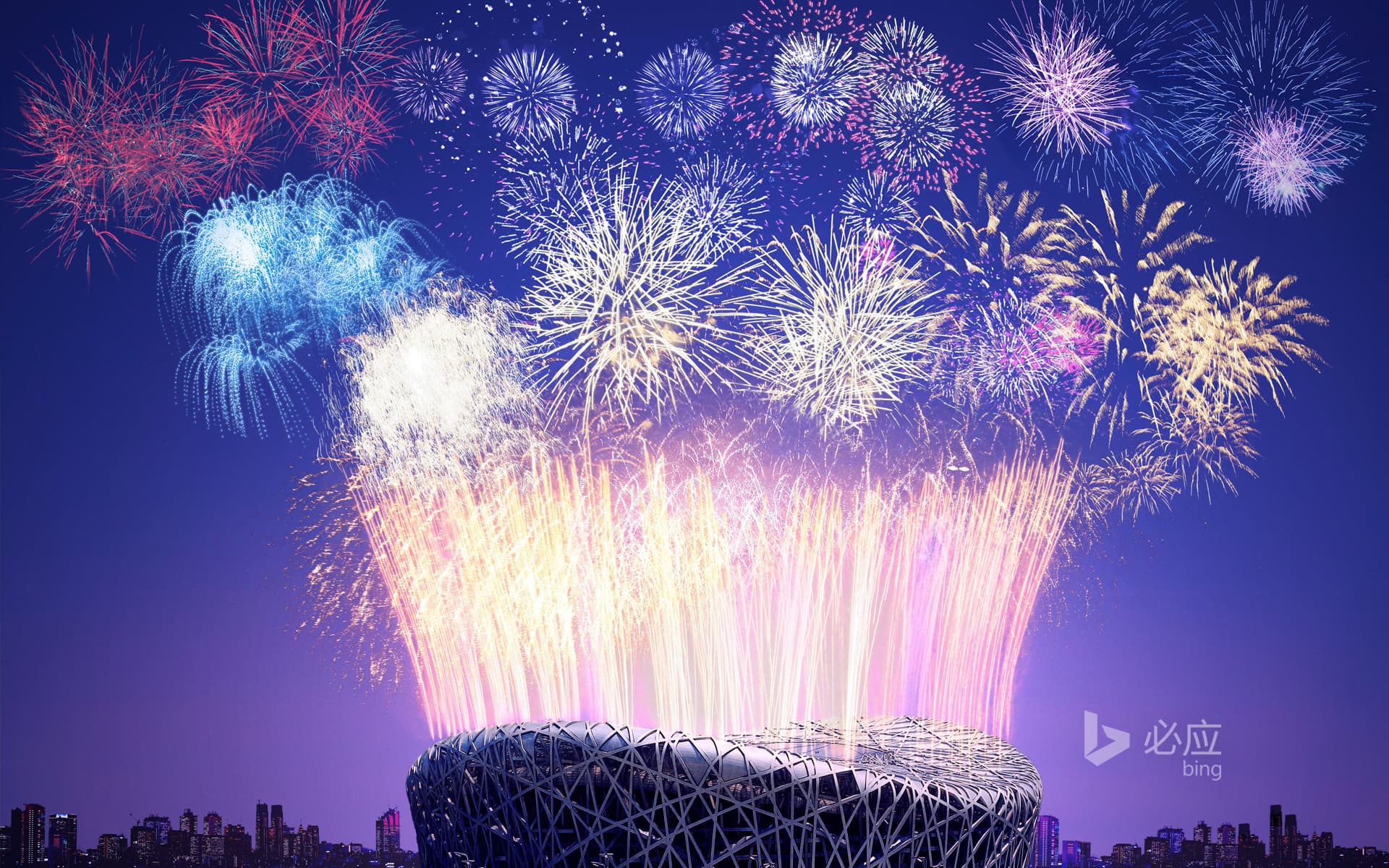 Bing Wallpaper: Fireworks over the national stadium