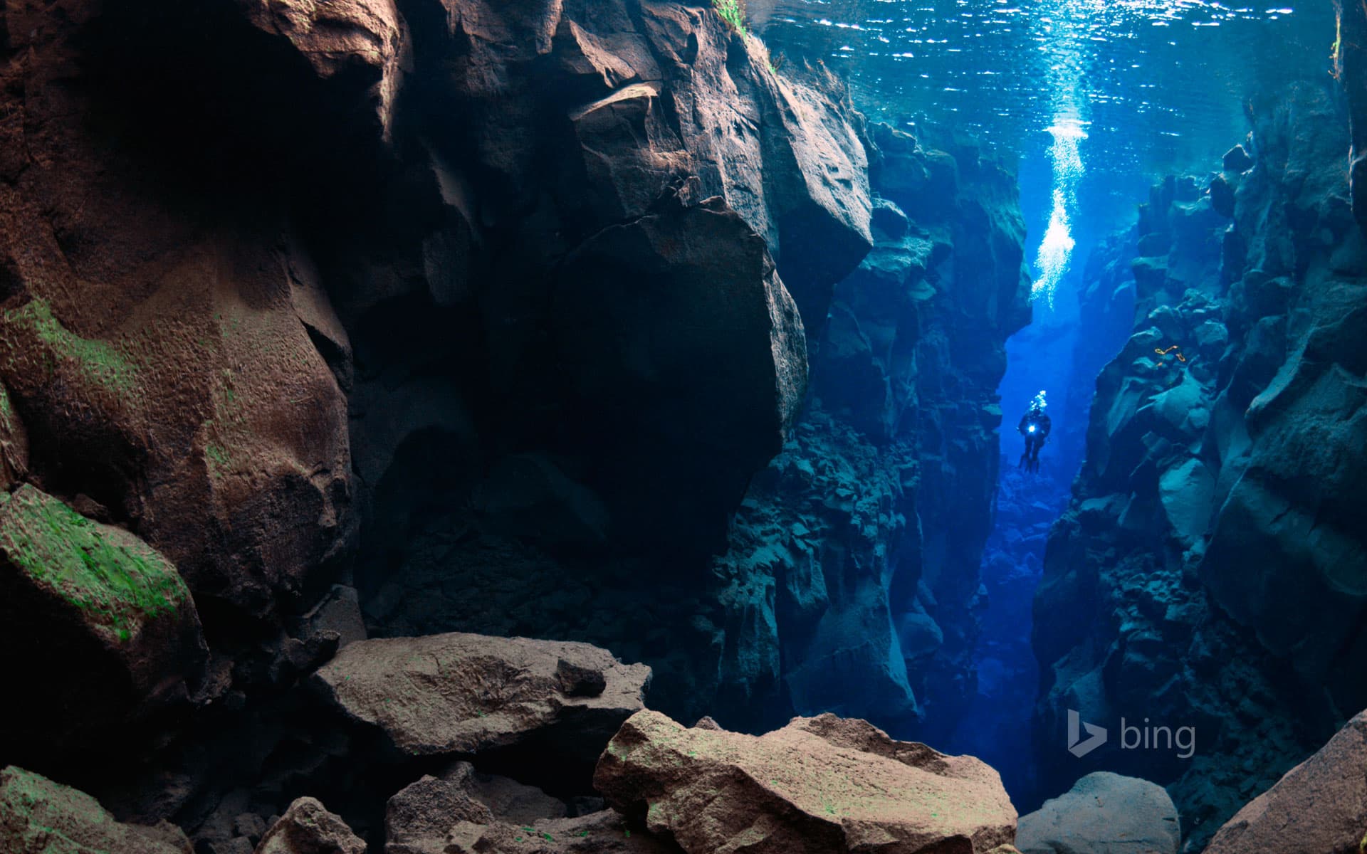 Bing Wallpaper: Diver in the Silfra, Thingvellir Lake, Thingvellir National Park, Iceland