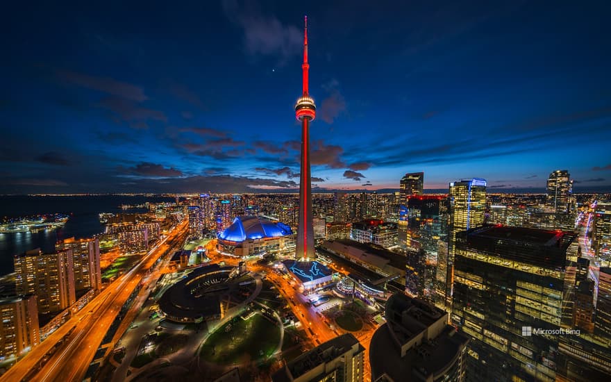 CN Tower illuminated at night in Toronto, Ontario