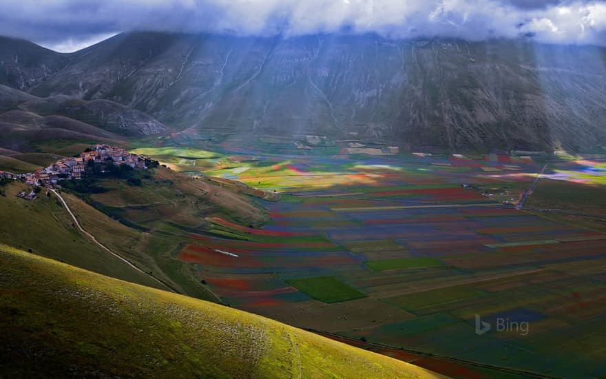 The village of Castelluccio above the Piano Grande, Umbria, Italy