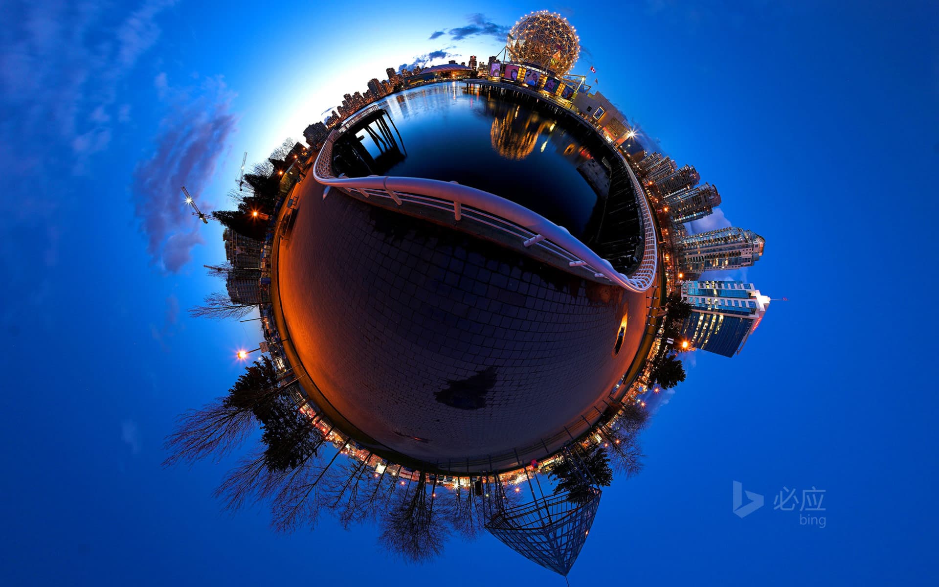 Bing Wallpaper: Stereo projection of Vancouver, British Columbia, Canada, Ford Creek and Science World