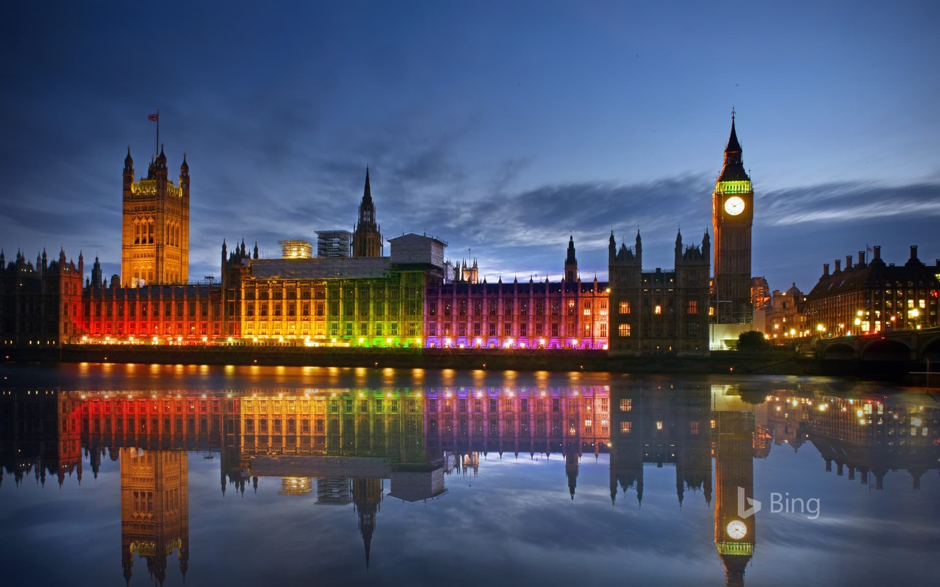 Bing Wallpaper: The Palace of Westminster illuminated in rainbow colours for Pride in London in 2017