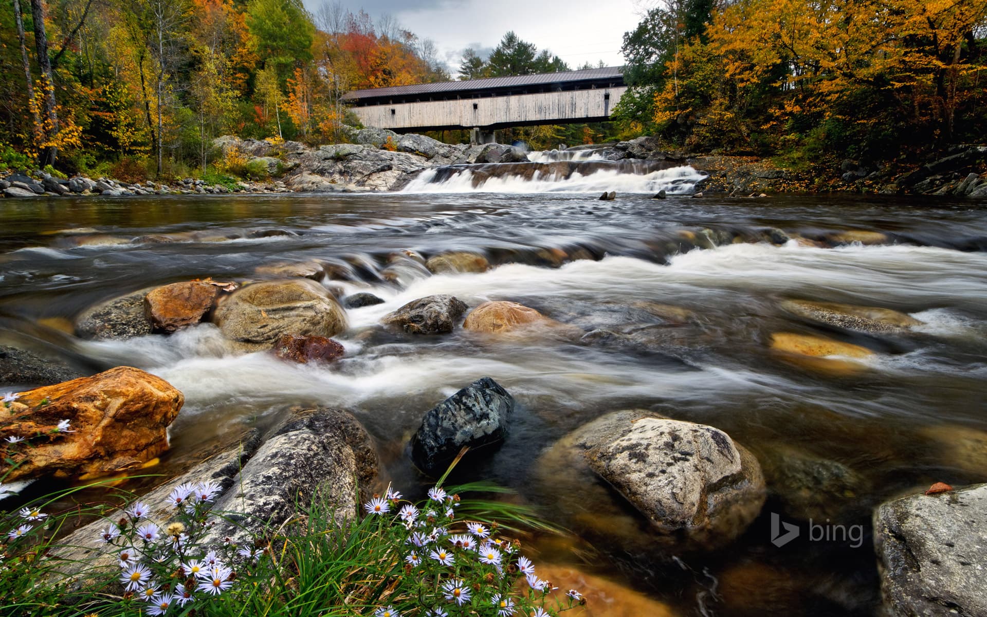 Bing Wallpaper: Covered bridge crosses the Wild Ammonoosuc River in Bath, New Hampshire