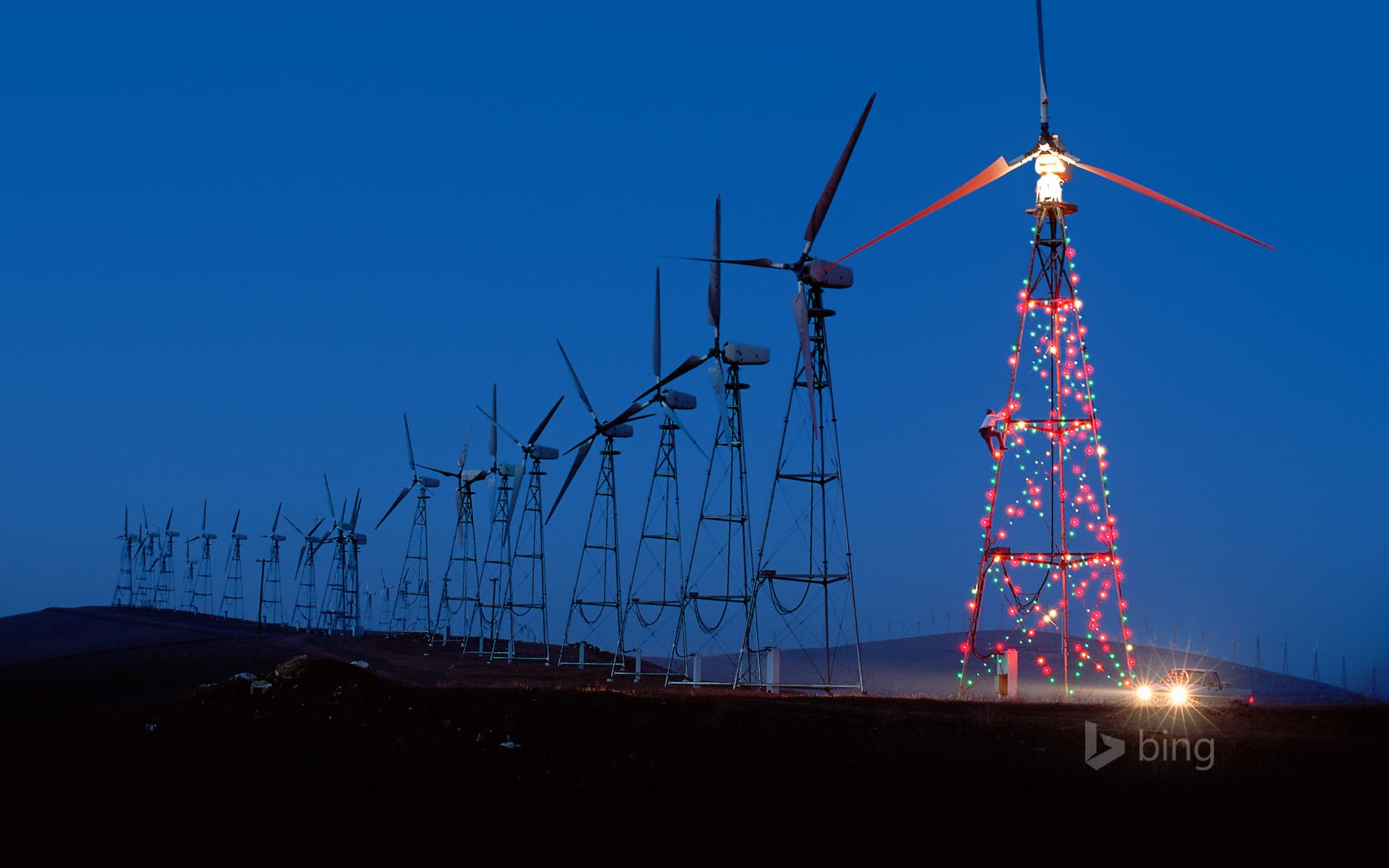 Bing Wallpaper: Light display on a California wind farm