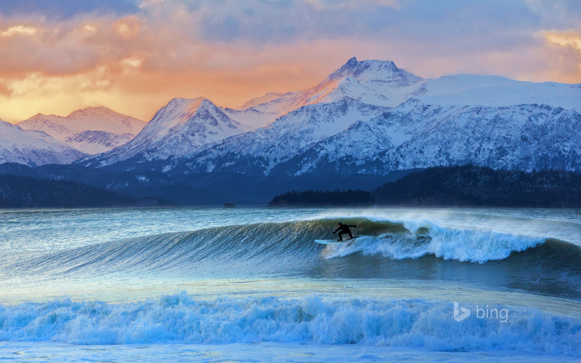 Bing Wallpaper: Don 'Iceman' McNamara surfing in Kachemak Bay, Alaska