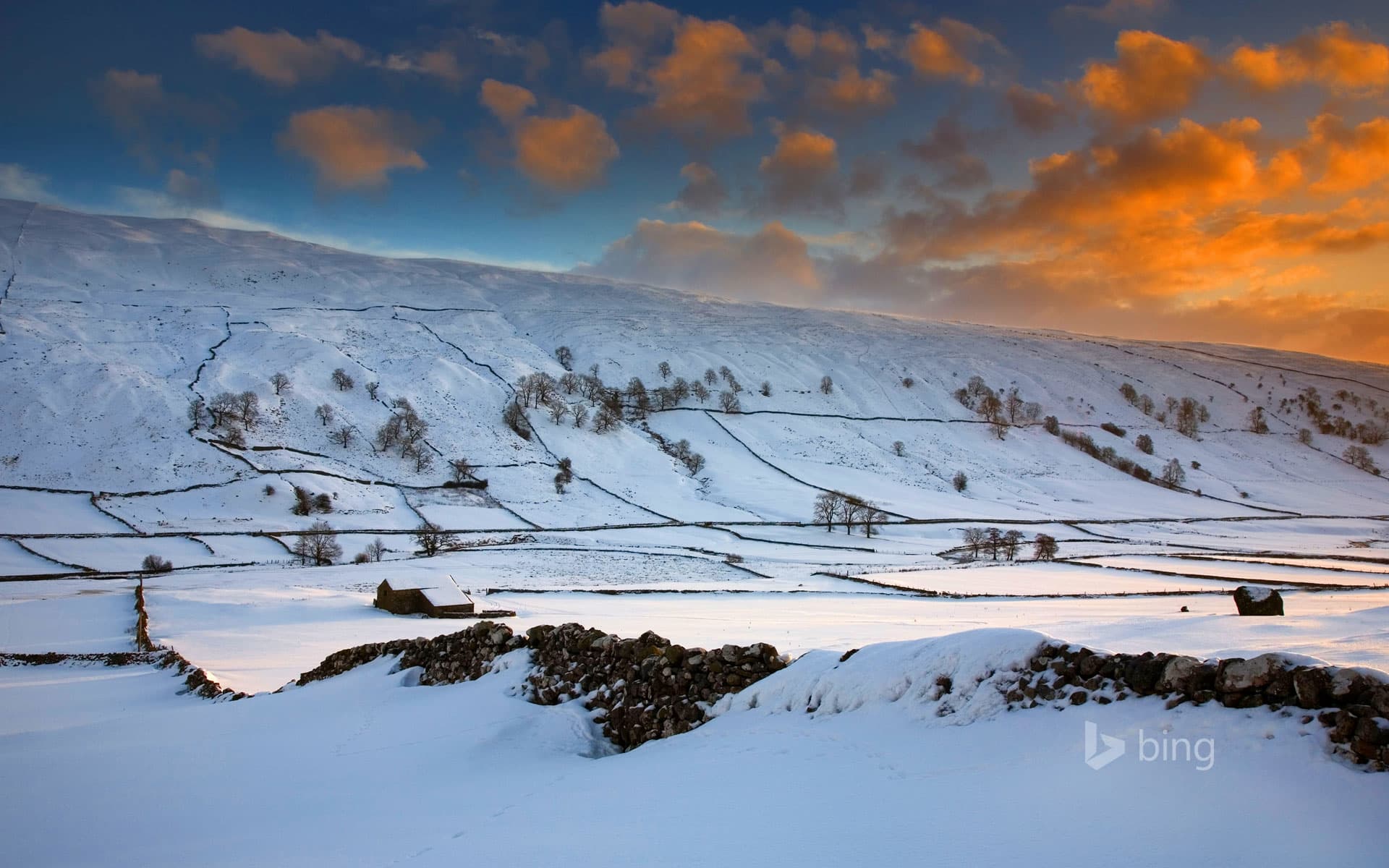 Bing Wallpaper: Dry stone walls and stone barn at Littondale, Yorkshire Dales, North Yorkshire, England